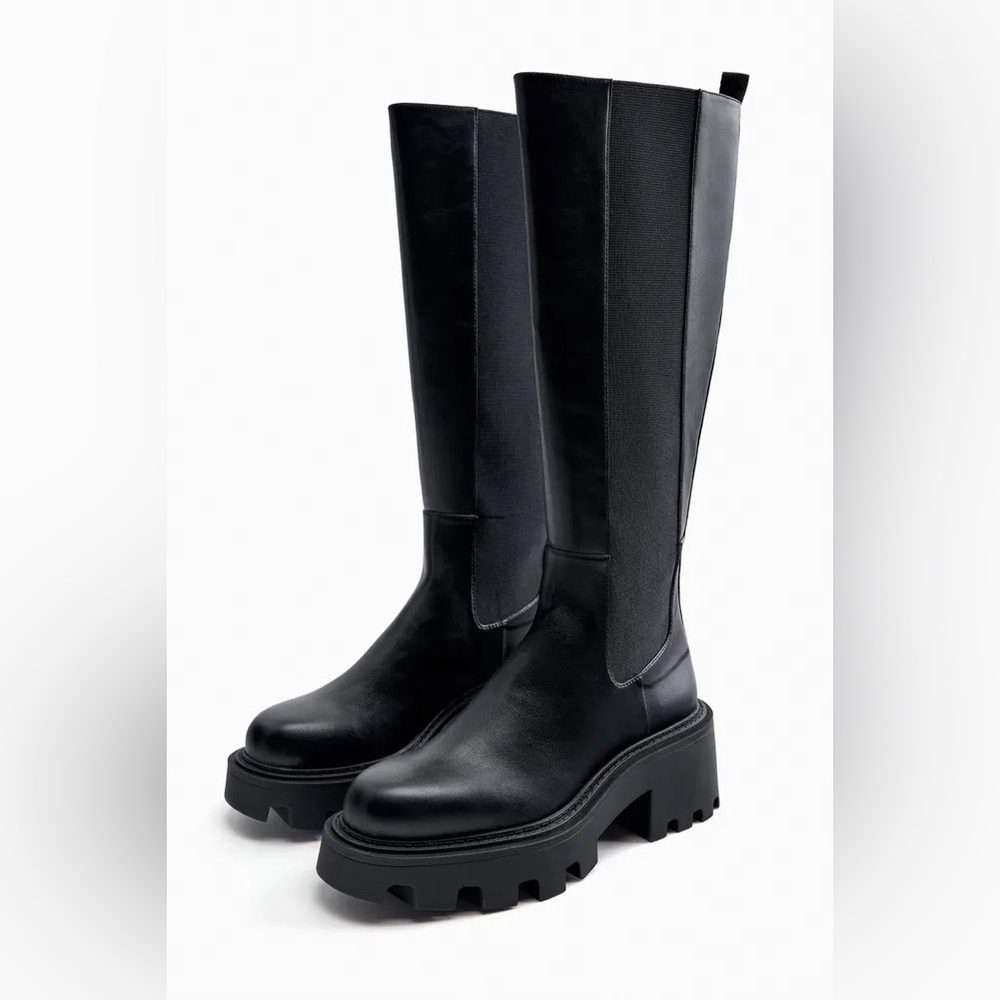 Zara Treaded Chunky Tall knee high Platform Boot Black